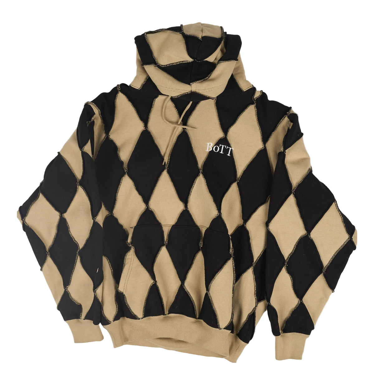 A black and beige harlequin diamond-patterned hoodie with a white embroidered 'BoiTT' logo on the left chest, laid flat against a light gray background.