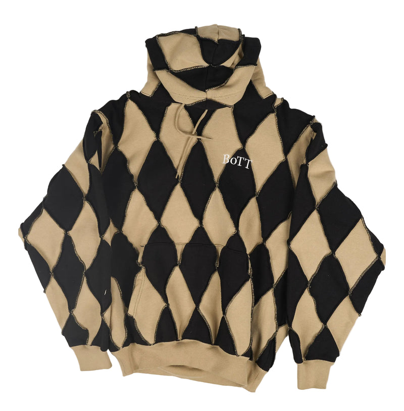 A black and beige harlequin diamond-patterned hoodie with a white embroidered 'BoiTT' logo on the left chest, laid flat against a light gray background.
