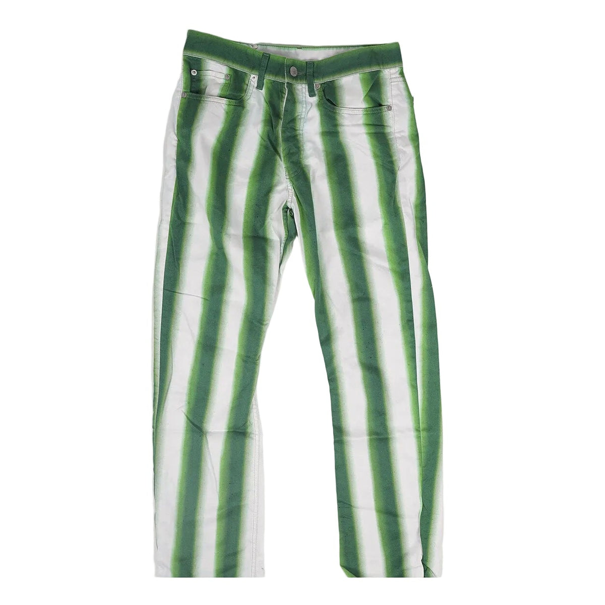 Green and white vertically striped denim jeans laid flat against a light gray background.
