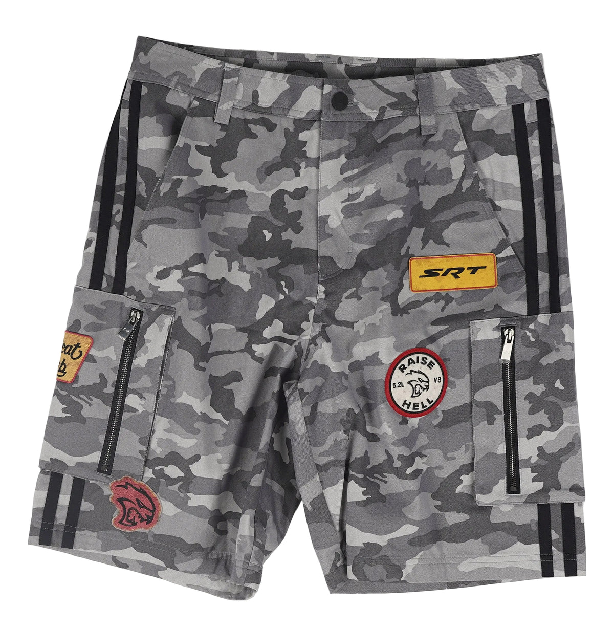 Gray camouflage cargo shorts with black side stripes, multiple utility pockets, and several colorful brand patches, including SRT and Airline America.