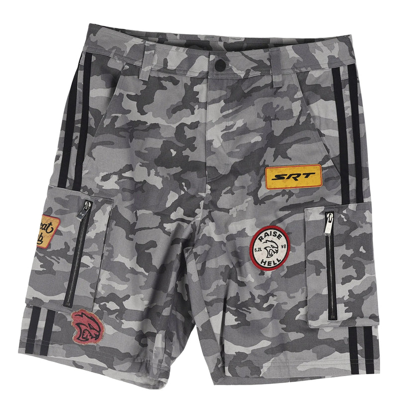 Gray camouflage cargo shorts with black side stripes, multiple utility pockets, and several colorful brand patches, including SRT and Airline America.