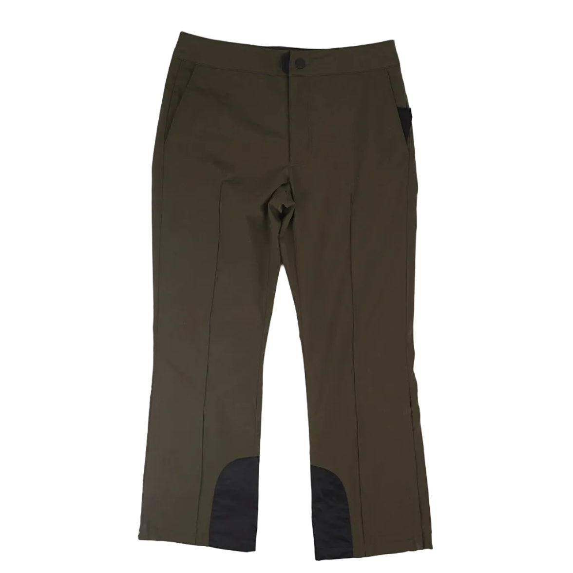 A pair of olive green riding breeches with black knee patches, laid flat on a light gray background next to a yellow measuring tape.