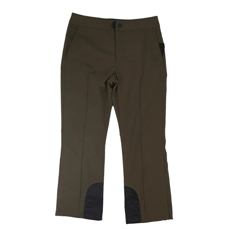 A pair of olive green riding breeches with black knee patches, laid flat on a light gray background next to a yellow measuring tape.