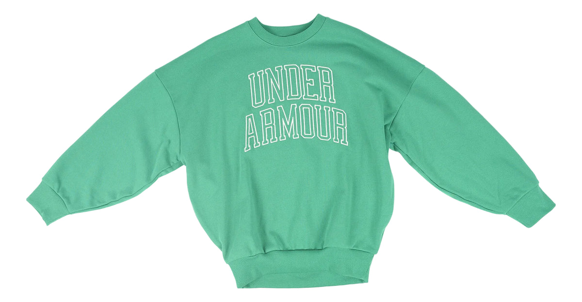 A green long-sleeve crewneck sweatshirt with 'UNDER ARMOUR' printed in white arched block letters on the chest, laid flat against a white background.
