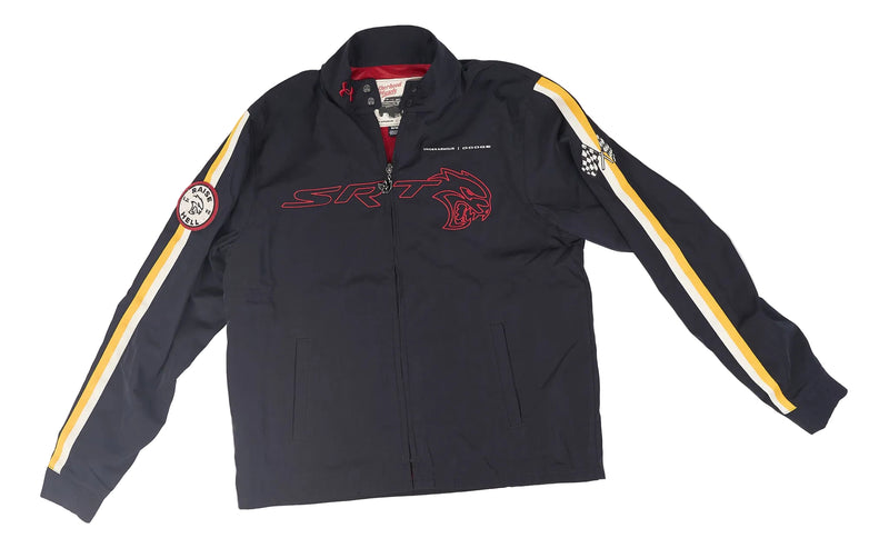 A black SRT performance jacket with red embroidered logos on the chest and yellow and white stripe details on the sleeves, laid flat on a white background.